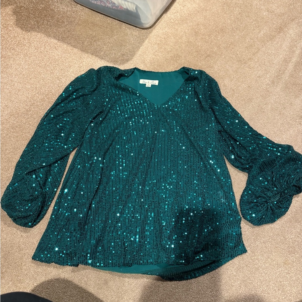 Vine & Love Green sequins blouse size medium.  Loose fit. Fully lined.